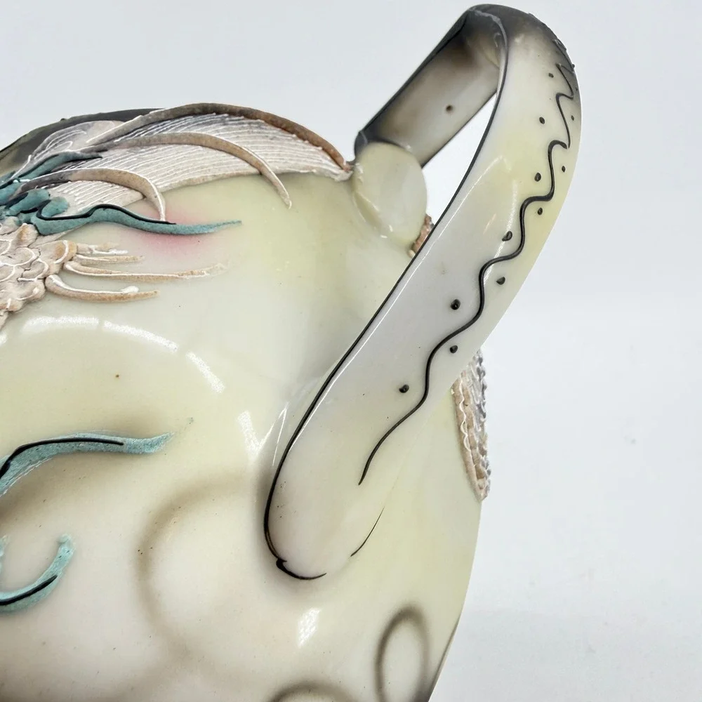Moriage Dragon Teapot Raised Texture Decor Japan VTG Porcelain Large Black Cream